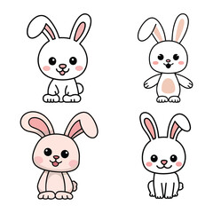 Cute cartoon bunnies illustrated in various poses with playful expressions and distinct features in a bright, cheerful style