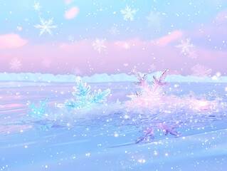 A serene winter close-up featuring a delicate crystal snowflake resting on sparkling snow, surrounded by soft bokeh lights and a dreamy, frosty atmosphere.