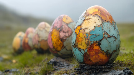 Colorful Easter eggs located on a grassy area in nature