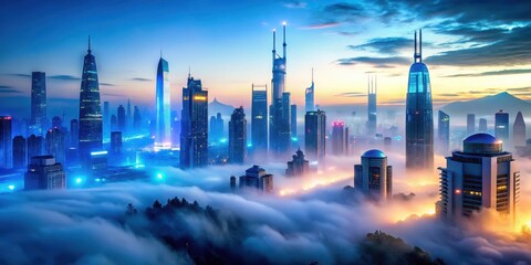 Obraz premium glowing ethereal blue light mist envelops a futuristic cityscape at dusk, futuristic architecture, evening glow