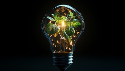 Light bulb glowing with a green plant inside, dark background, symbolizing environmental sustainability and renewable energy sources, hyperrealism, cinematic atmosphere