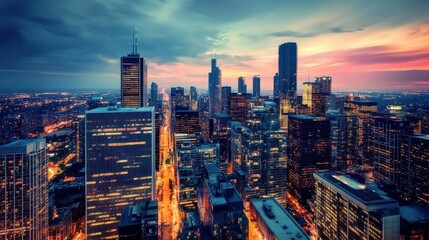 Fototapeta premium Vibrant urban skyline at dusk with illuminated cityscapes and dynamic skyscrapers