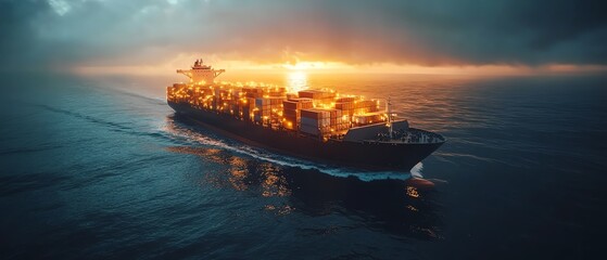 Fototapeta premium Modern cargo ship crossing the ocean with a neon global network, world map displaying trade routes, concept of global supply chain and transport, ultraHD, dynamic composition