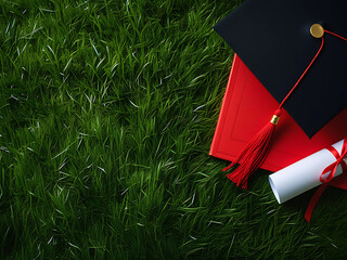 Graduation cap with red book and diploma on grass background