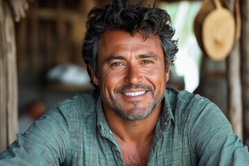 Obraz premium Smiling man with curly hair dressed casually in a rustic setting during daytime