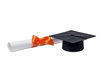 Graduation cap and diploma scroll on a white background
