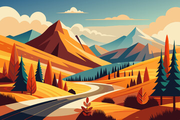 Flat Vector Illustration of an Empty Road Through Autumn Mountains