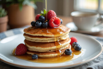Stack of pancakes with maple syrup and berries in morning light