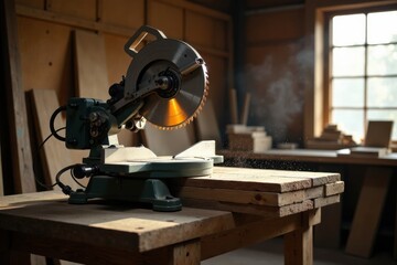 Fototapeta premium A Craftsman's Precision Sunlight Illuminates a Powerful Circular Saw Cutting Lumber in a Rustic Workshop Setting