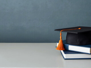 A wooden table with a stack of books and a graduation cap on top, with a lot of free space, is set against a blue backdrop
