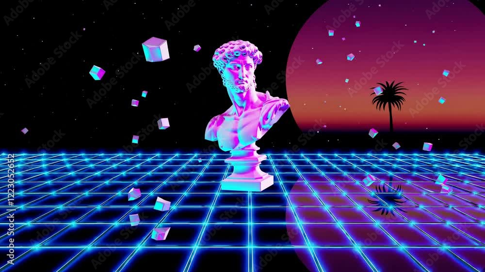 Poster neon-lit bust of a classical statue surrounded by floating cubes on a grid surface, set against a vi