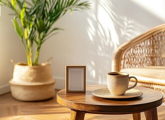 Design an interior of a modern room with a brown wooden console table, an armchair, and a beautiful plant in the corner on a parquet floor near a white wall with a poster frame mockup and elegant pers