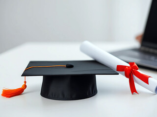 close-up of a diploma and graduation cap with tassel on a wooden table