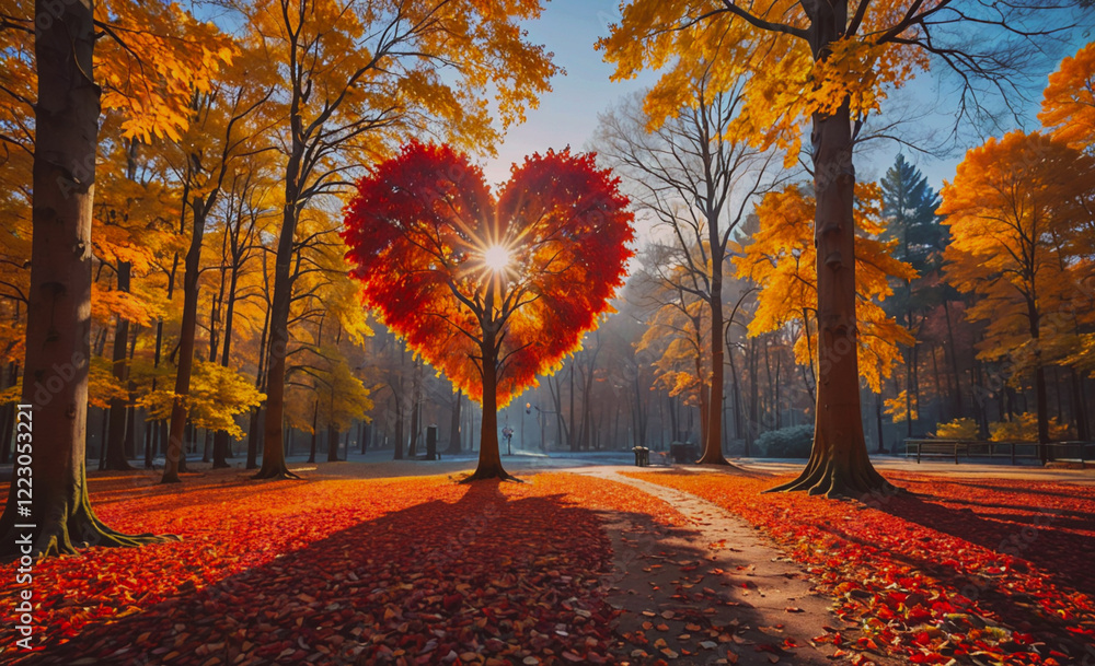 Aufkleber tree with a heart shape in the middle of a forest. the leaves are orange and the sun is shining on t
