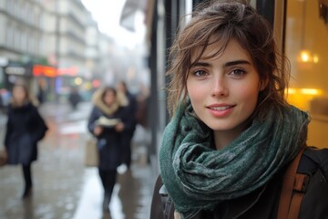 Woman with a green scarf smiling in a city during a rainy day surrounded by blurred pedestrians and vibrant storefronts
