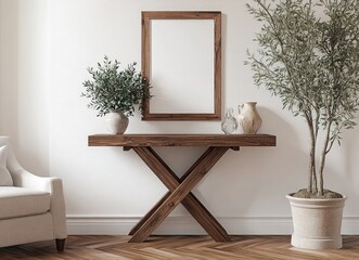 Design an interior of a modern room with a brown wooden console table, an armchair, and a beautiful plant in the corner on a parquet floor near a white wall with a poster frame mockup and elegant pers