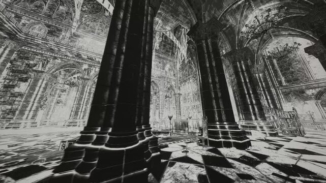 A black and white image of an ancient castle. Shadows of history.