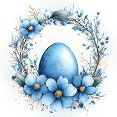Ester greeting card. Watercolor flowers and colored eggs isolated on a white background. Floral composition template for Ester design.