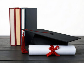 A graduation cap resting on a table with books and a certificate against a white backdrop