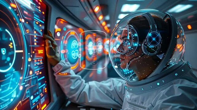 man interacts with advanced control panel in futuristic space environment