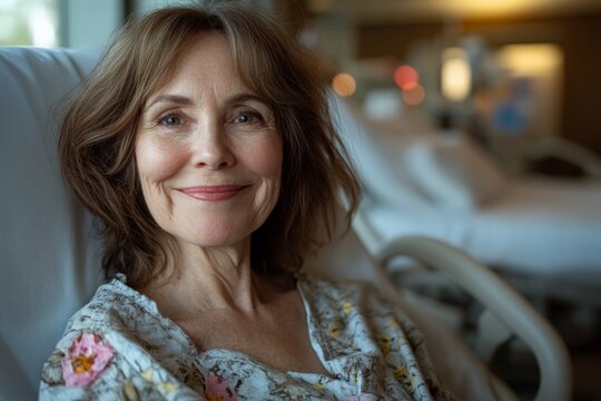 Woman smiles warmly in hospital room, conveying a sense of comfort and hope during her recovery process