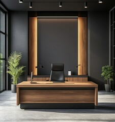 Design an interior of a modern room with a brown wooden console table, an armchair, and a beautiful plant in the corner on a parquet floor near a white wall with a poster frame mockup and elegant pers