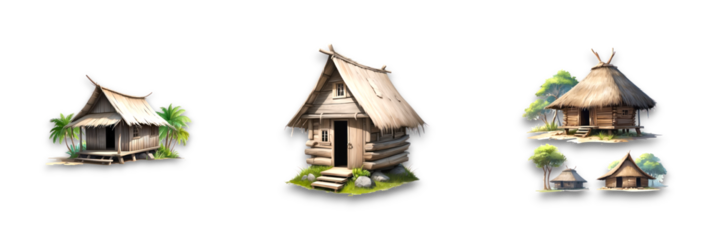 Isolated huts on transparent background, showcasing tropical architecture