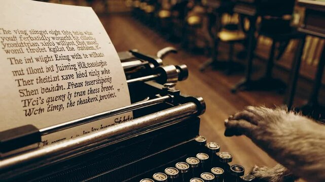 Group of monkeys sits at typewriters in a grand, historic library filled with towering bookshelves. The scene humorously depicts the infinite monkey theorem concept