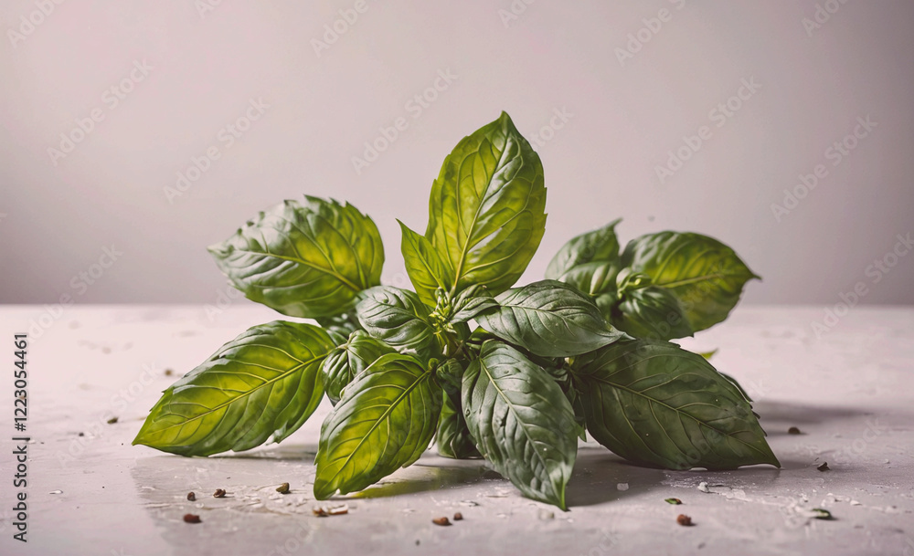 Poster bunch of green leaves of basil are on a table. the leaves are fresh and vibrant, and they are arrang