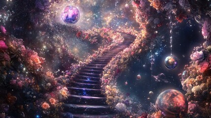 Fantasy staircase surrounded by floating flowers and cosmic orbs in a dreamlike atmosphere.