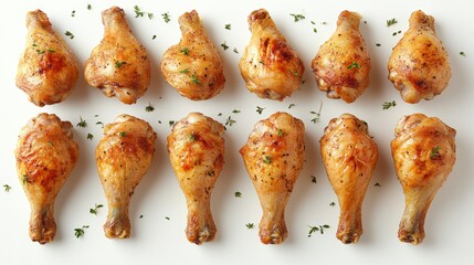 A platter of golden-brown chicken drumsticks garnished with herbs.