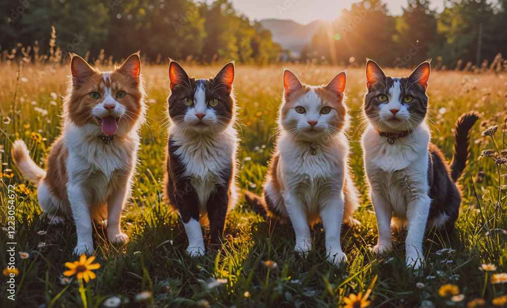 Poster four cats are sitting in a field of flowers. the cats are all different colors and sizes. they are a