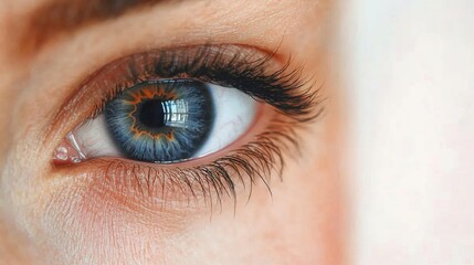 Obraz premium Close-up of a blue eye with long eyelashes.