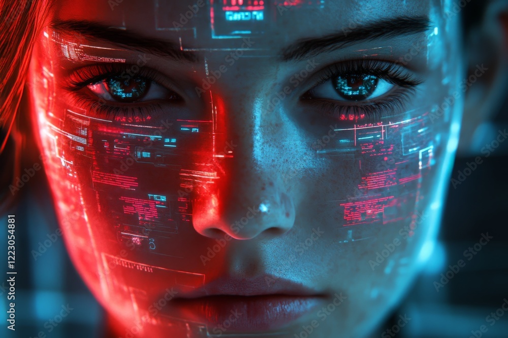 Fototapete digital expression of technology on a young woman's face with glowing data visuals in a futuristic s
