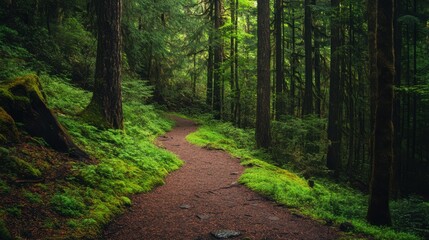 Fototapeta premium Serene forest path under lush green canopy in tranquil woodland setting