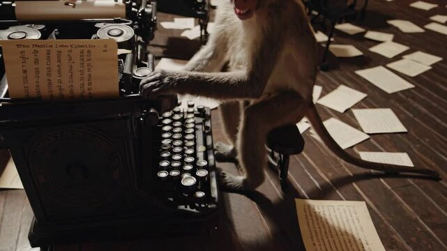 Curious monkey is actively typing on a vintage typewriter surrounded by scattered papers in a room filled with similar machines, creating a whimsical and chaotic scene