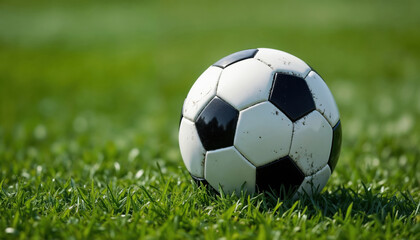 Obraz premium A soccer ball sits on a lush green field, ready for an exciting game. The ball shows signs of play, inviting participants to start kicking. Copy space
