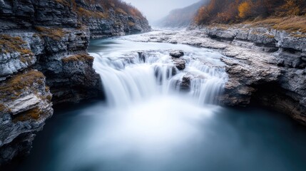 Fototapeta premium Waterfall cascading through autumnal canyon, misty mountains background; nature photography