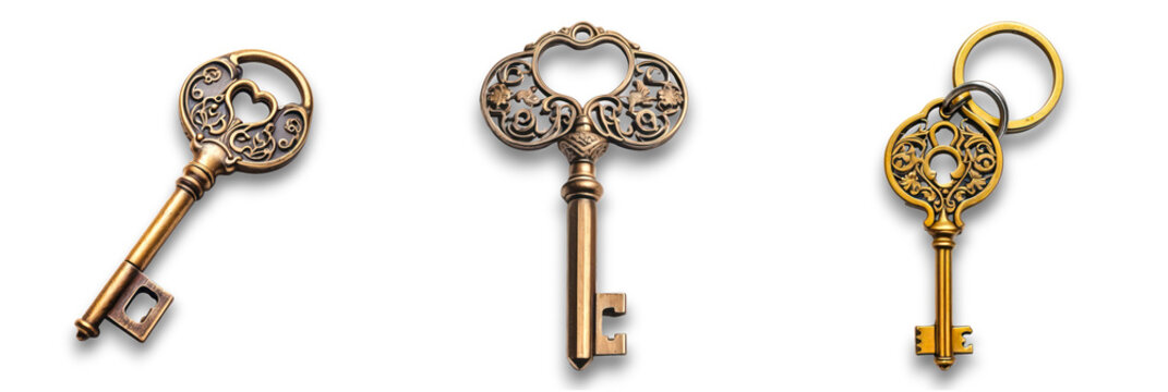 A collection of antique keys isolated on a transparent background