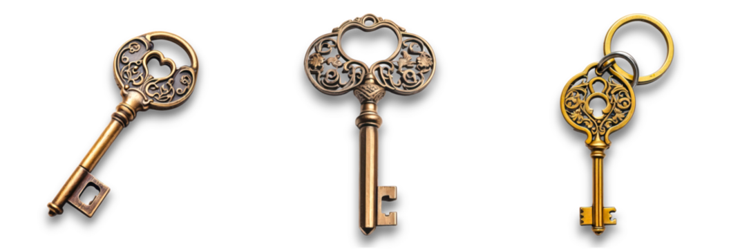 A collection of antique keys isolated on a transparent background