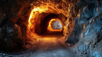 A captivating cave pathway glowing with warm light, surrounded by earthy textures and gently swaying trees.