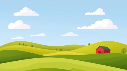 Serene landscape with rolling green hills and a red barn under a bright blue sky.
