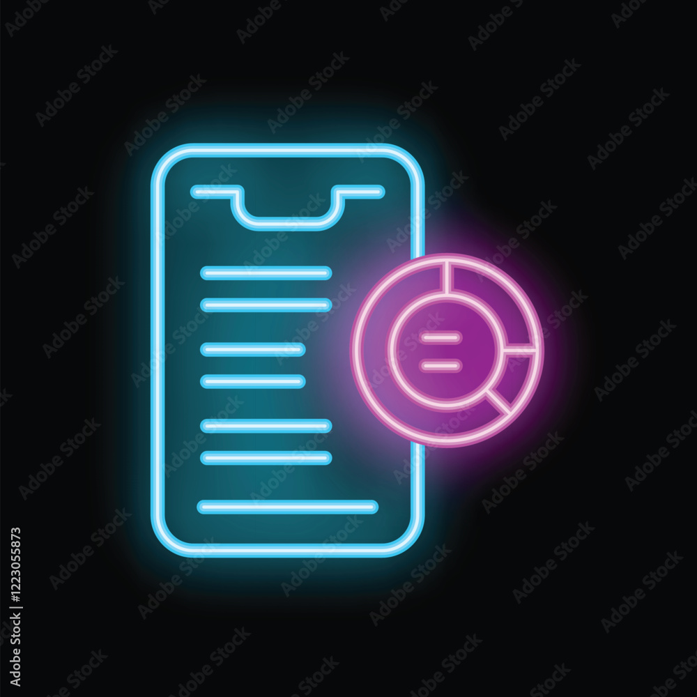 Poster neon glowing icon of mobile analytics report with a smartphone and a pie chart