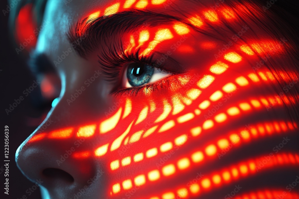 Fototapete close-up of a person's eye illuminated by red and orange light patterns in a dark setting