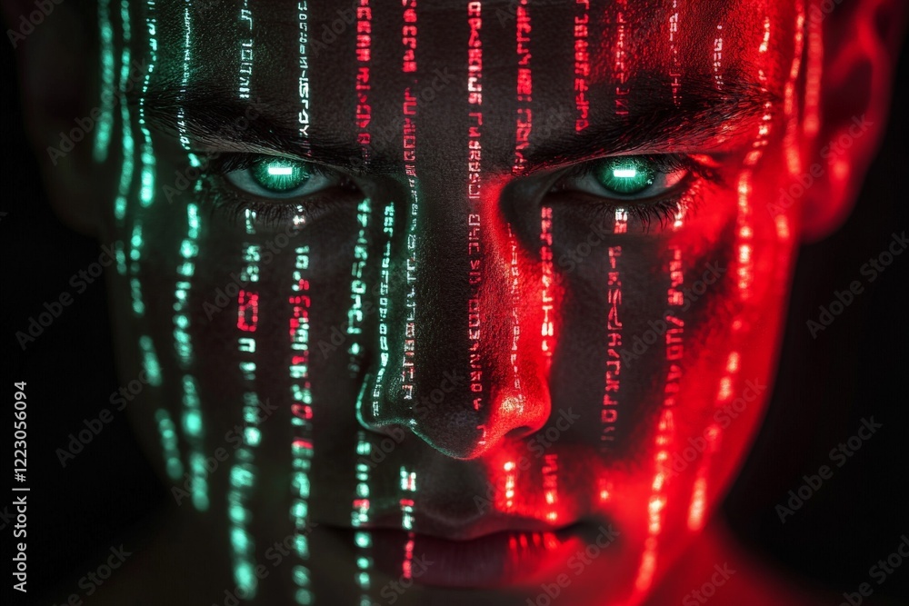 Aufkleber Portrait of a person with digital patterns projected on their face in red and green lighting