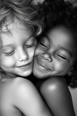 Fototapeta premium Two children with curly hair sharing a warm embrace, showcasing friendship and happiness in a black and white portrait.