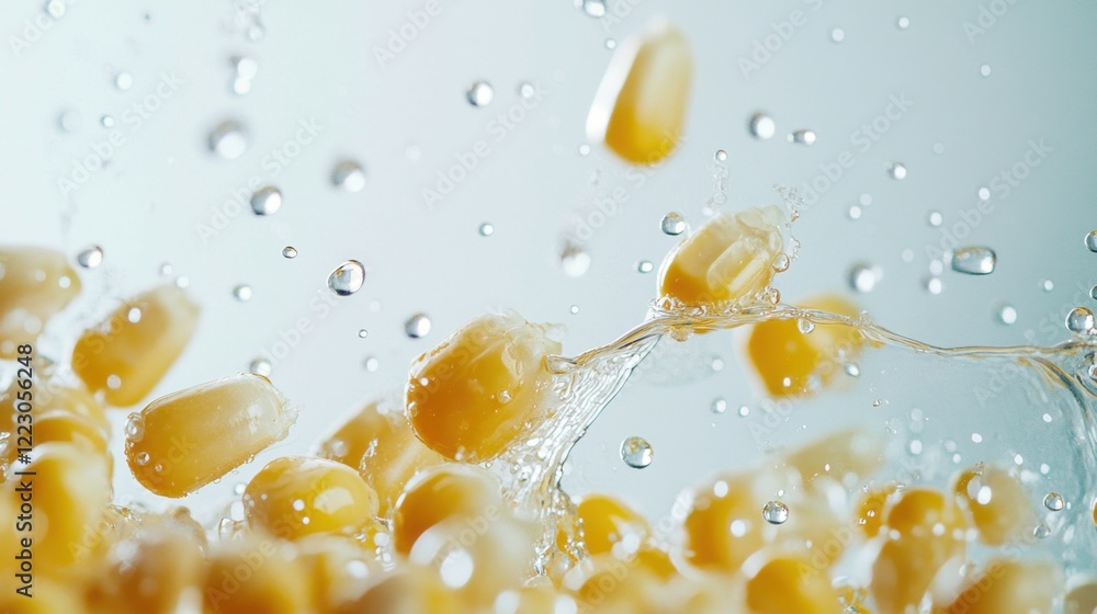 Poster close-up of corn kernels being splashed with water creating a dynamic food scene
