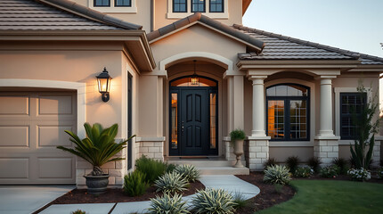 Luxury Home Exterior: Modern Architecture and Landscaping Design. A stunning showcase of residential property with elegant entrance, garden, and walkway.