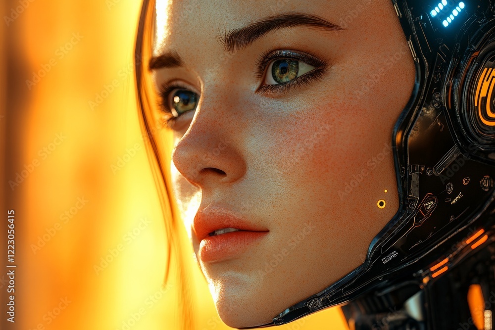 Poster Close-up of a futuristic humanoid figure with advanced technology and striking features in a glowing environment