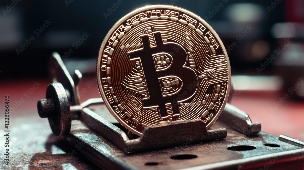 Poster a close-up of a bitcoin coin placed in a mouse trap, showcasing the risks of high-stakes crypto inve